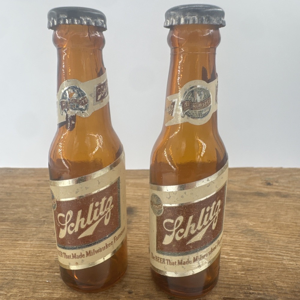 Vintage Schlitz Glass‎ Beer Bottle Salt & Pepper Shakers 4" T Tops Not Removable